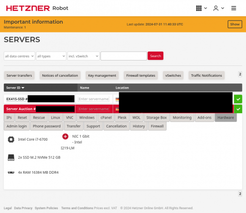 OSE server specs on Hetzner3 as of July 2014.