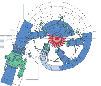 Sectional view of a Pelton turbine installation